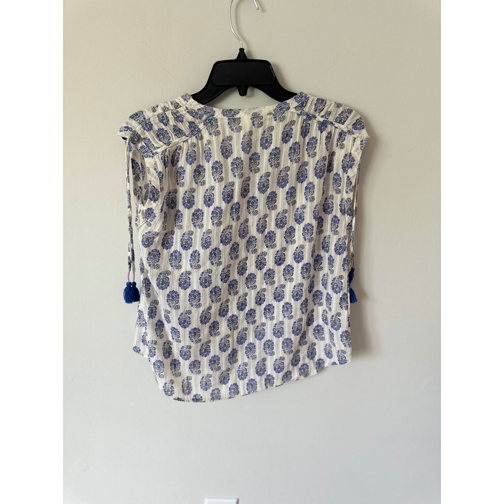 Anthropologie Blue Floral Tassel Tie Shoulder Metallic Stripe Blouse XS - Picture 6 of 9